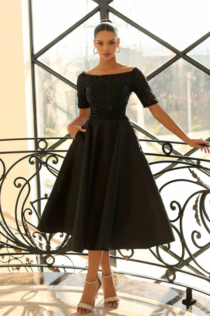 Nicoletta a-line midi dress in black mikado and lace 