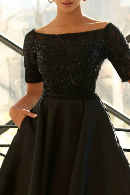 Nicoletta a-line midi dress in black mikado and lace 