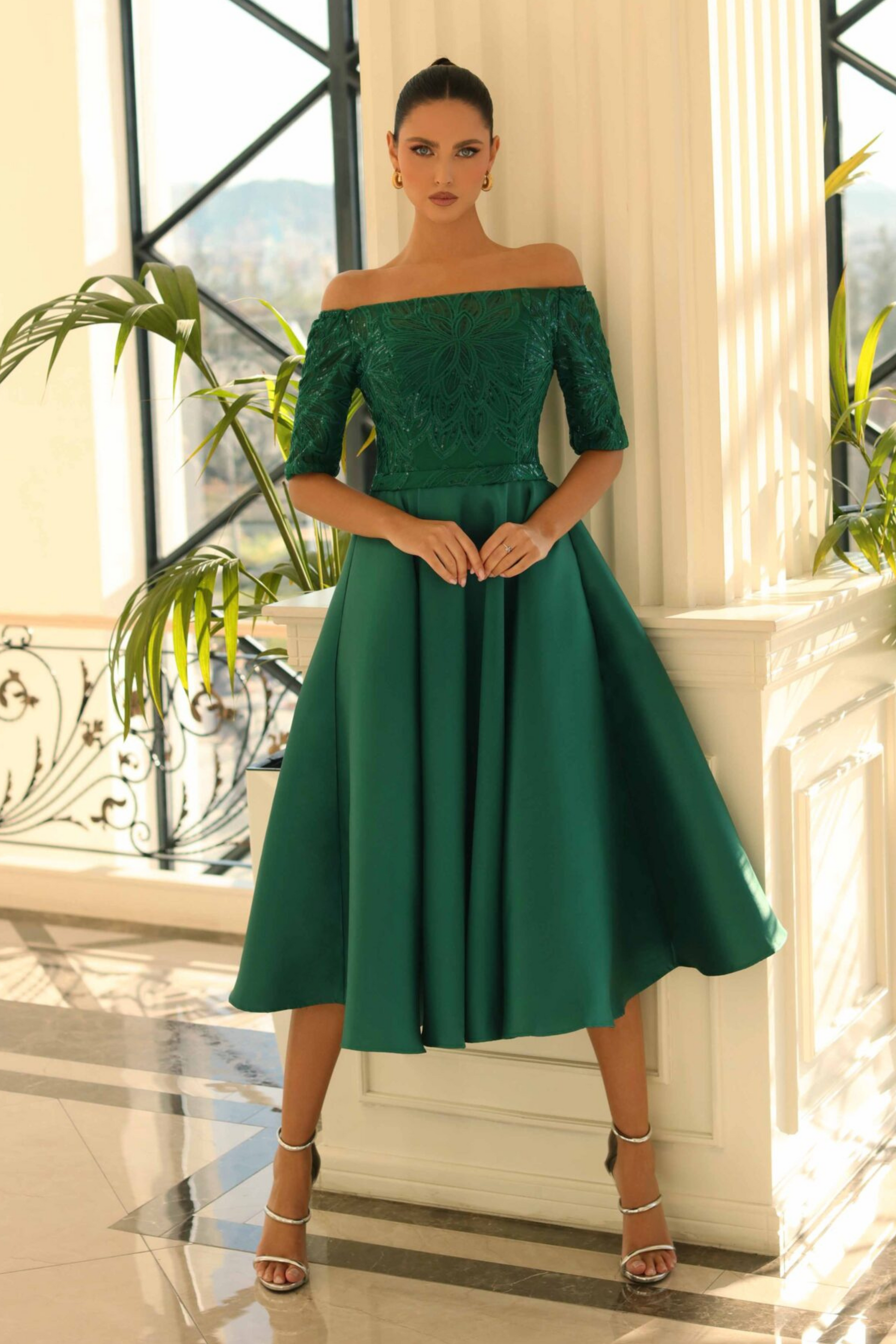 Nicoletta a-line midi dress in emerald green mikado and lace 