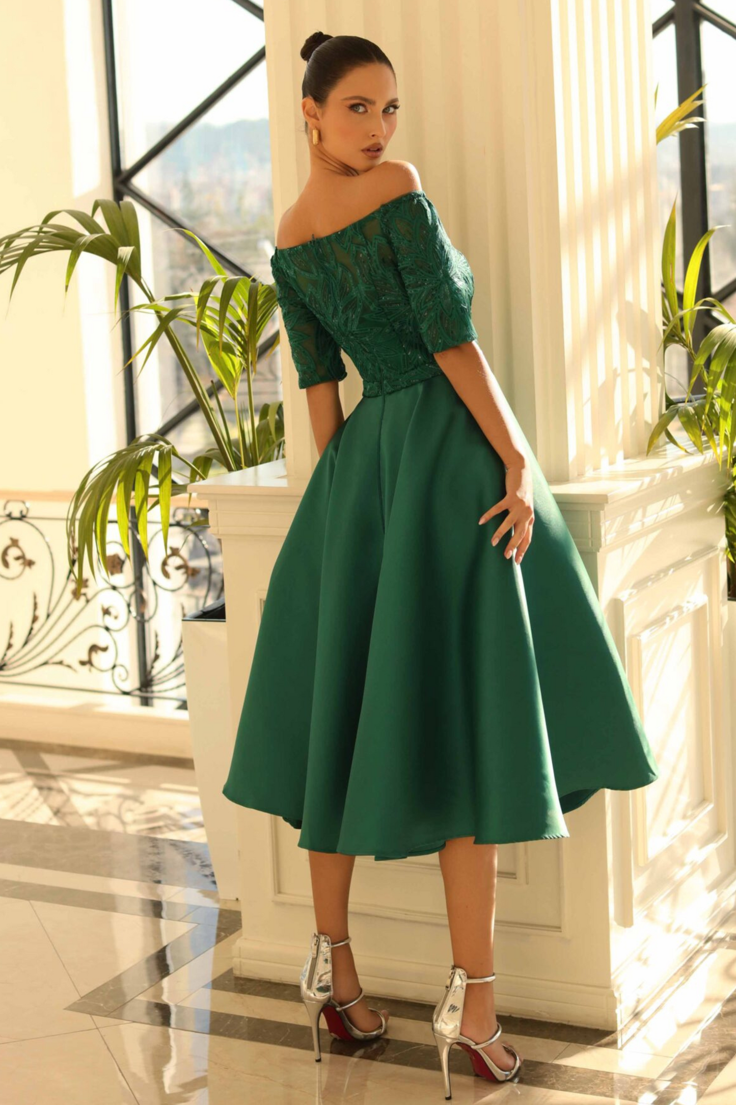 Nicoletta a-line midi dress in emerald green mikado and lace 