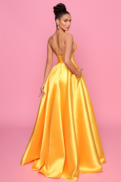 Nicoletta a-line formal dress in yellow mikado 