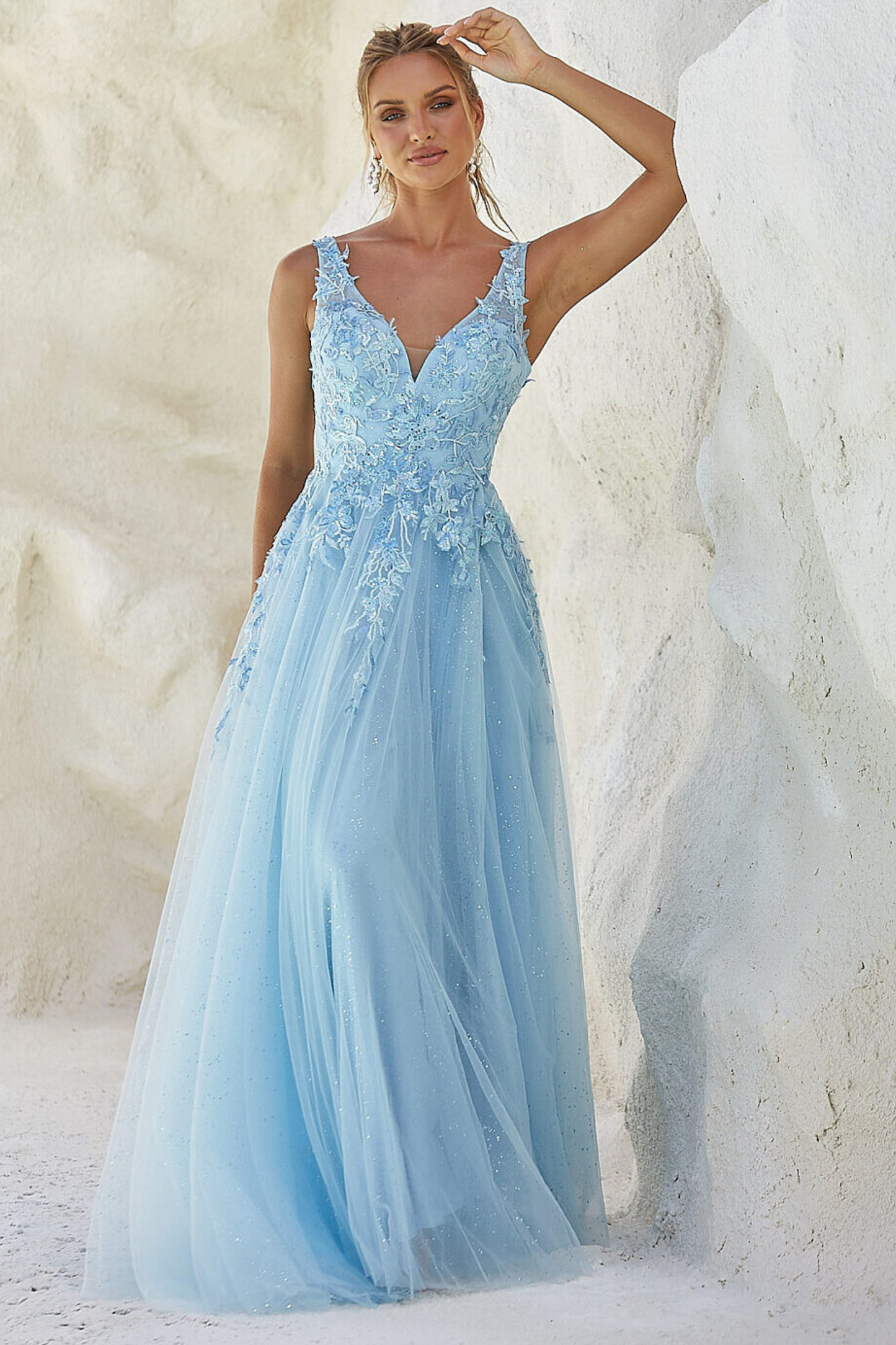 Tania Olsen a-line formal dress in pale blue with lace and glitter tulle