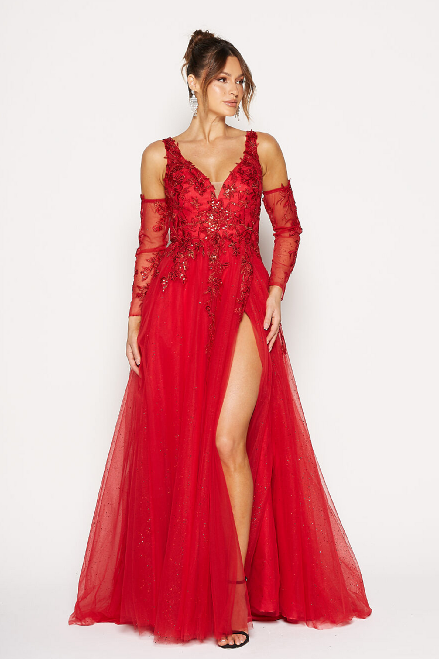 Tania Olsen a-line formal dress in watermelon  with lace and glitter tulle