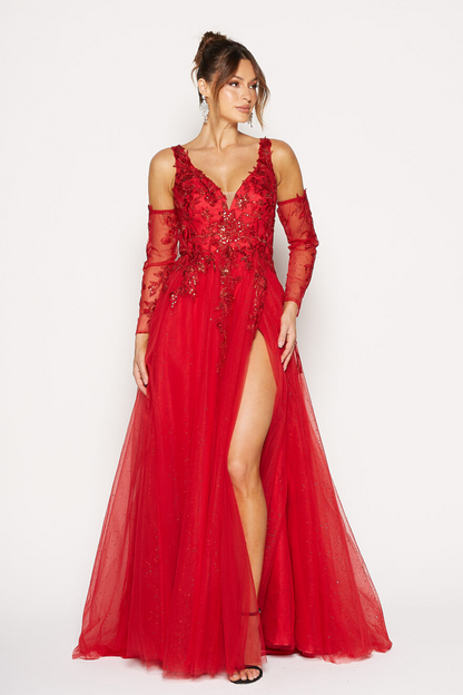Tania Olsen a-line formal dress in watermelon  with lace and glitter tulle