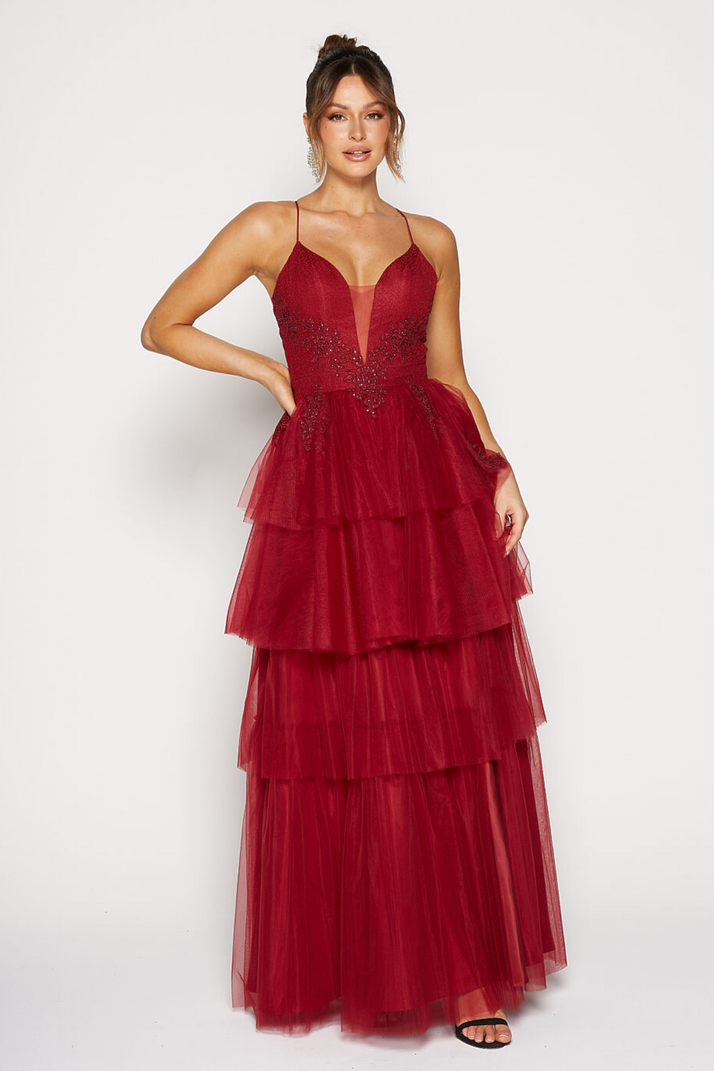 Tania Olsen a-line formal dress in wine beaded lace and tulle