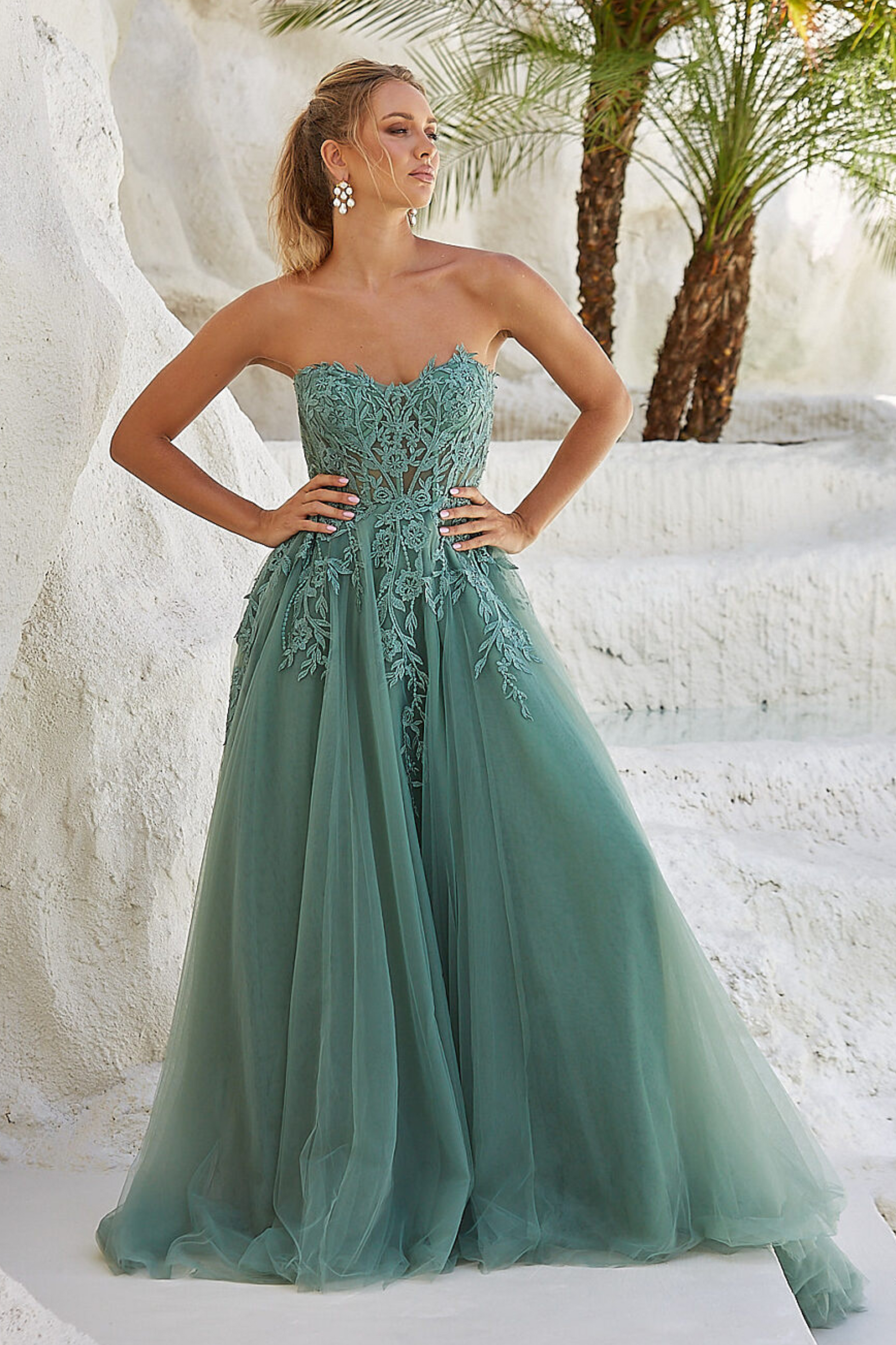 Tania Olsen a- line formal dress in sage tulle and lace ballgown