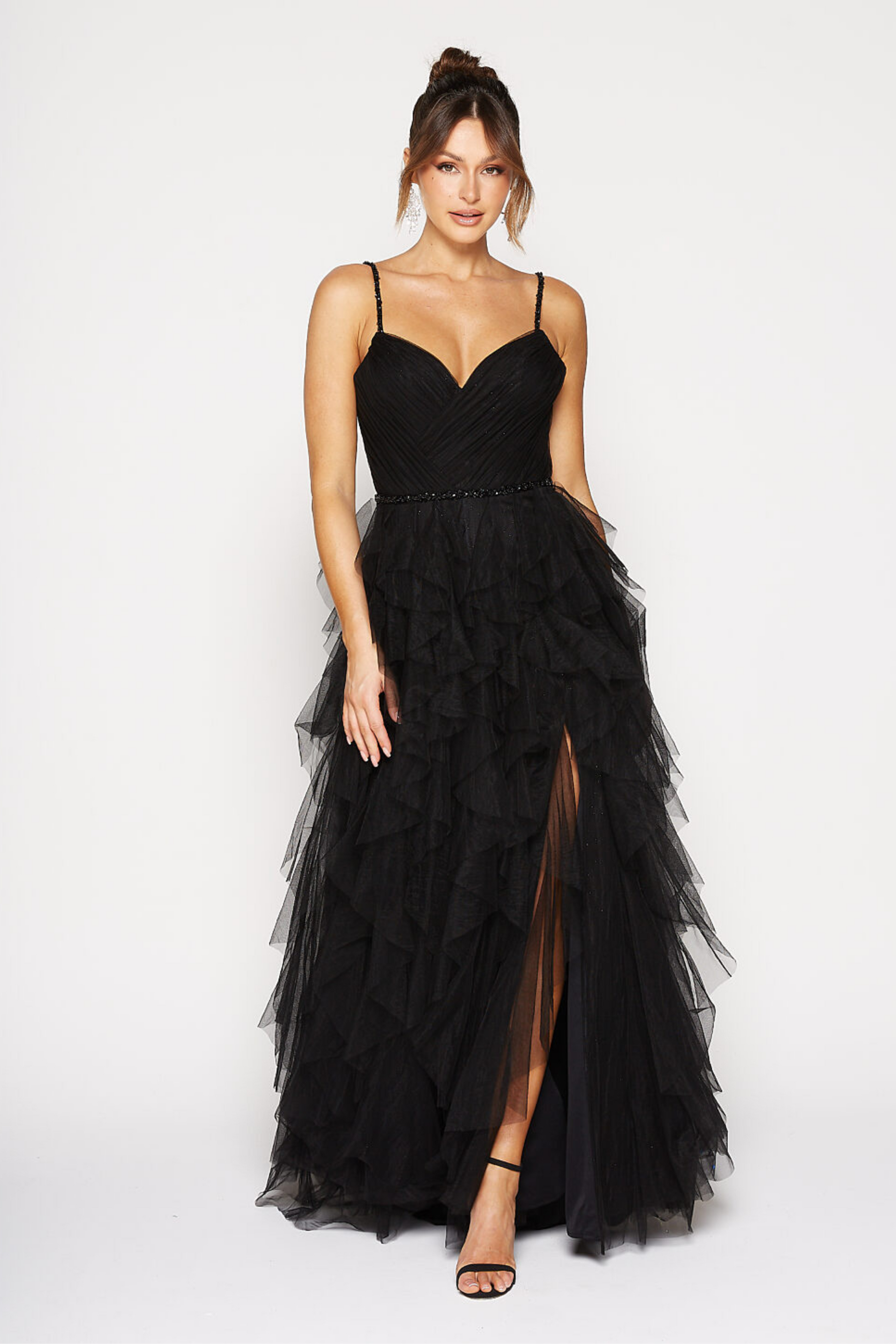 Tania Olsen a-line formal dress in black ruffle tulle