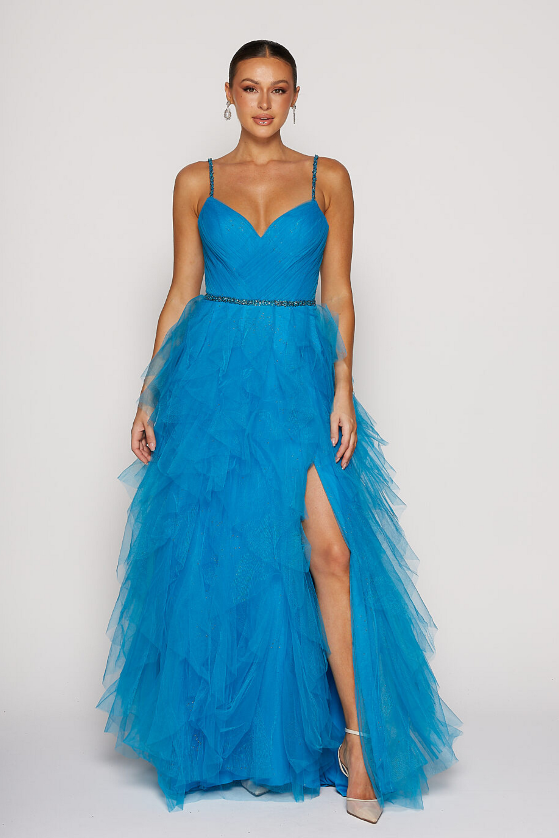 Tania Olsen a-line formal dress in blue ruffle tulle