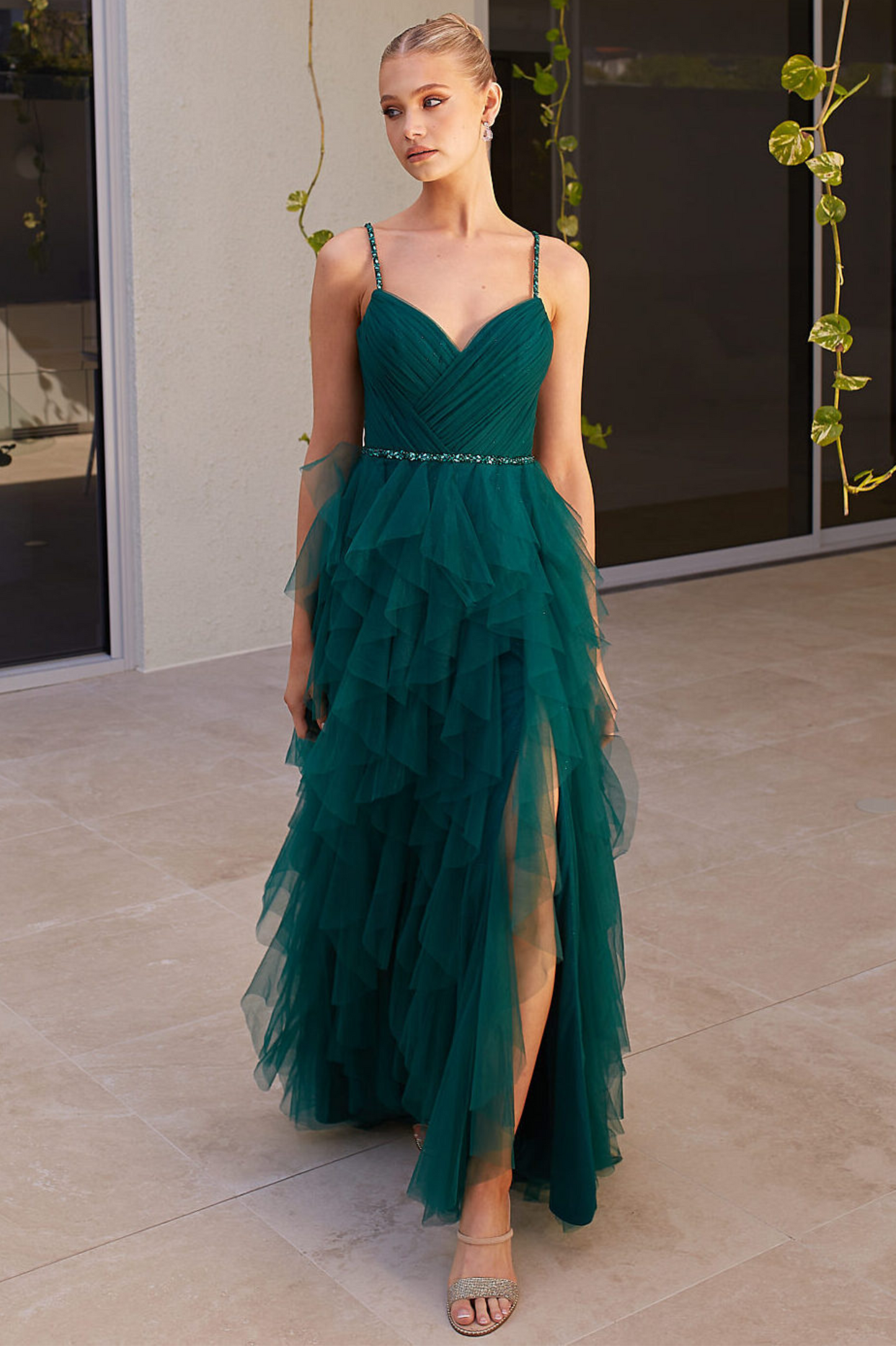 Tania Olsen a-line formal dress in emerald ruffle tulle