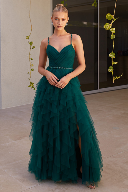 Tania Olsen a-line formal dress in emerald ruffle tulle