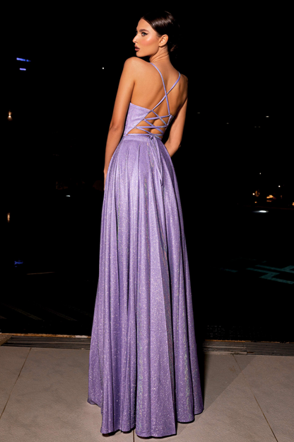 Nicoletta a-line formal dress in violet glitter lurex 