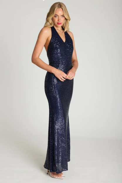 Romance Ariana maxi formal dress in navy sequins