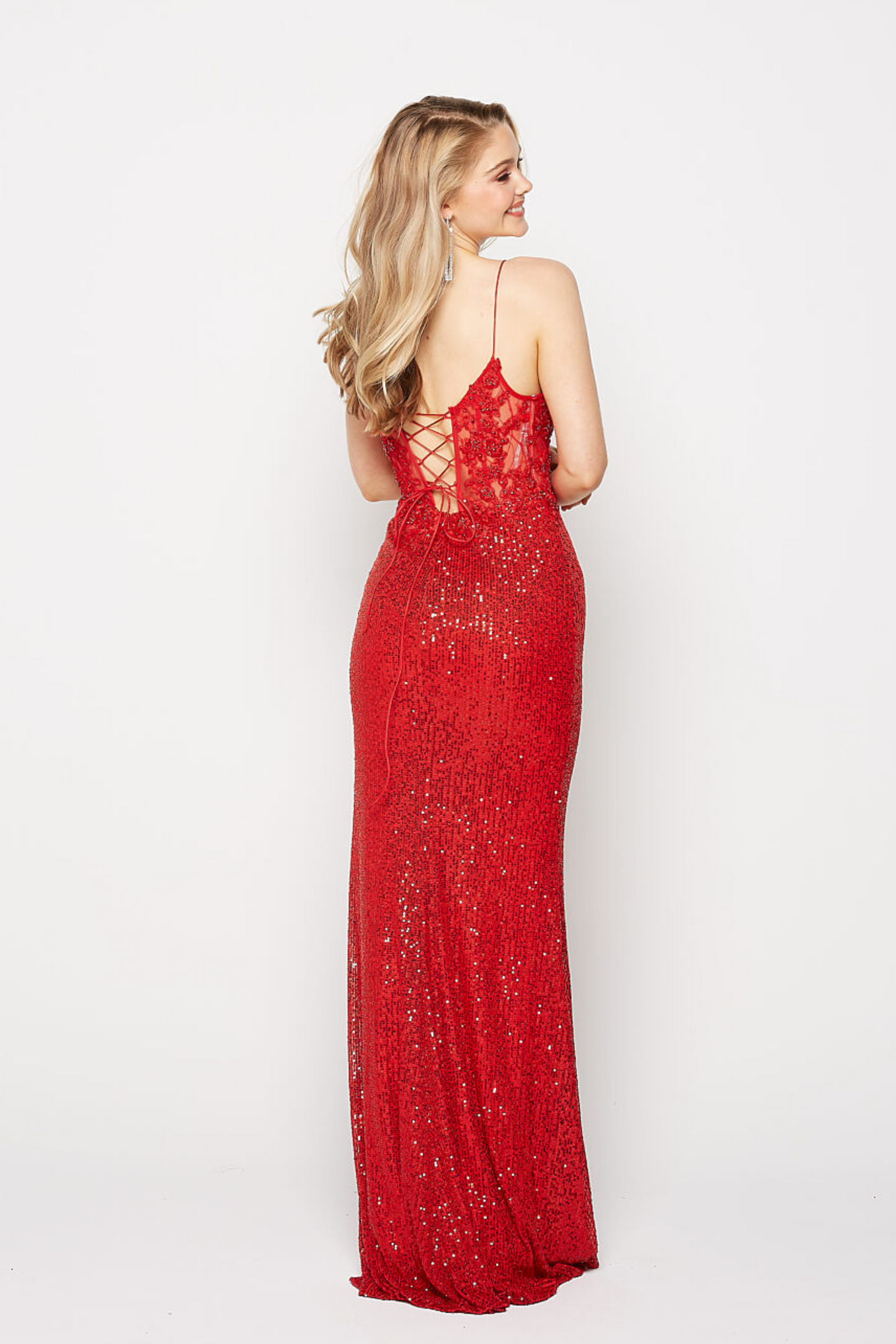 Tania Olsen slim fit lace formal dress in red sequins and lace