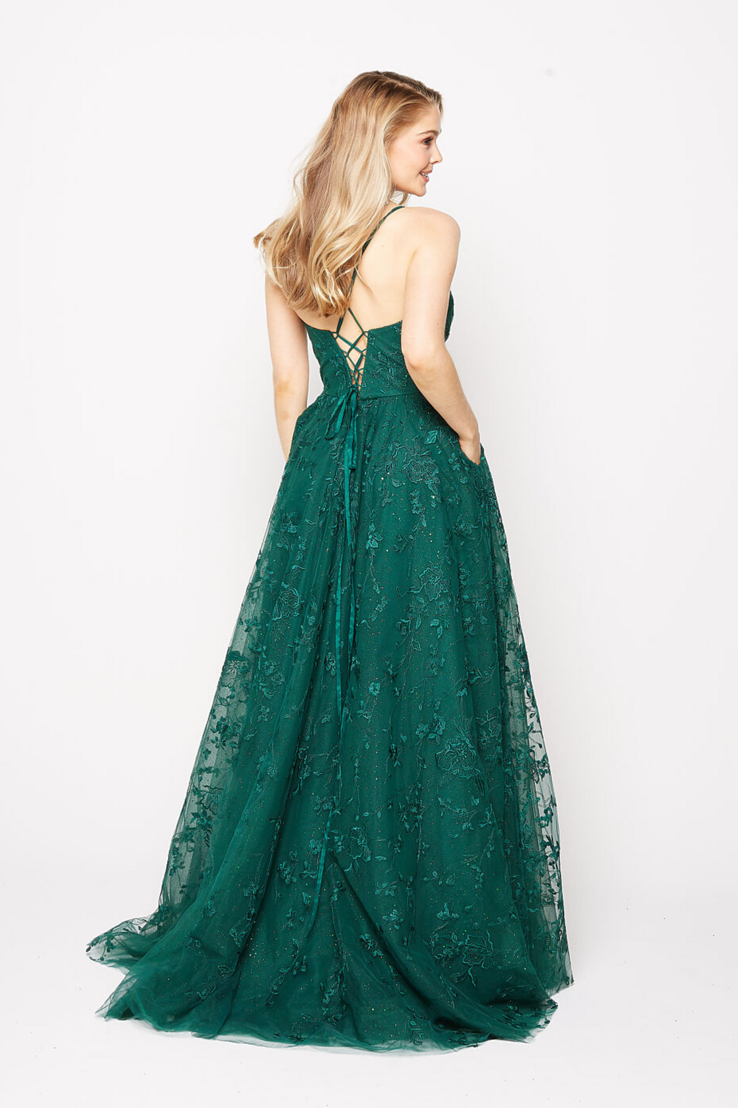 Tania Olsen a-line lace and glitter tulle formal dress in emerald green