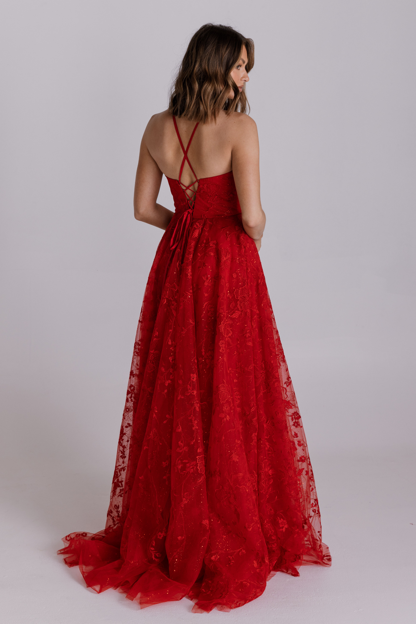 Tania Olsen a-line lace and glitter tulle formal dress in scarlet red