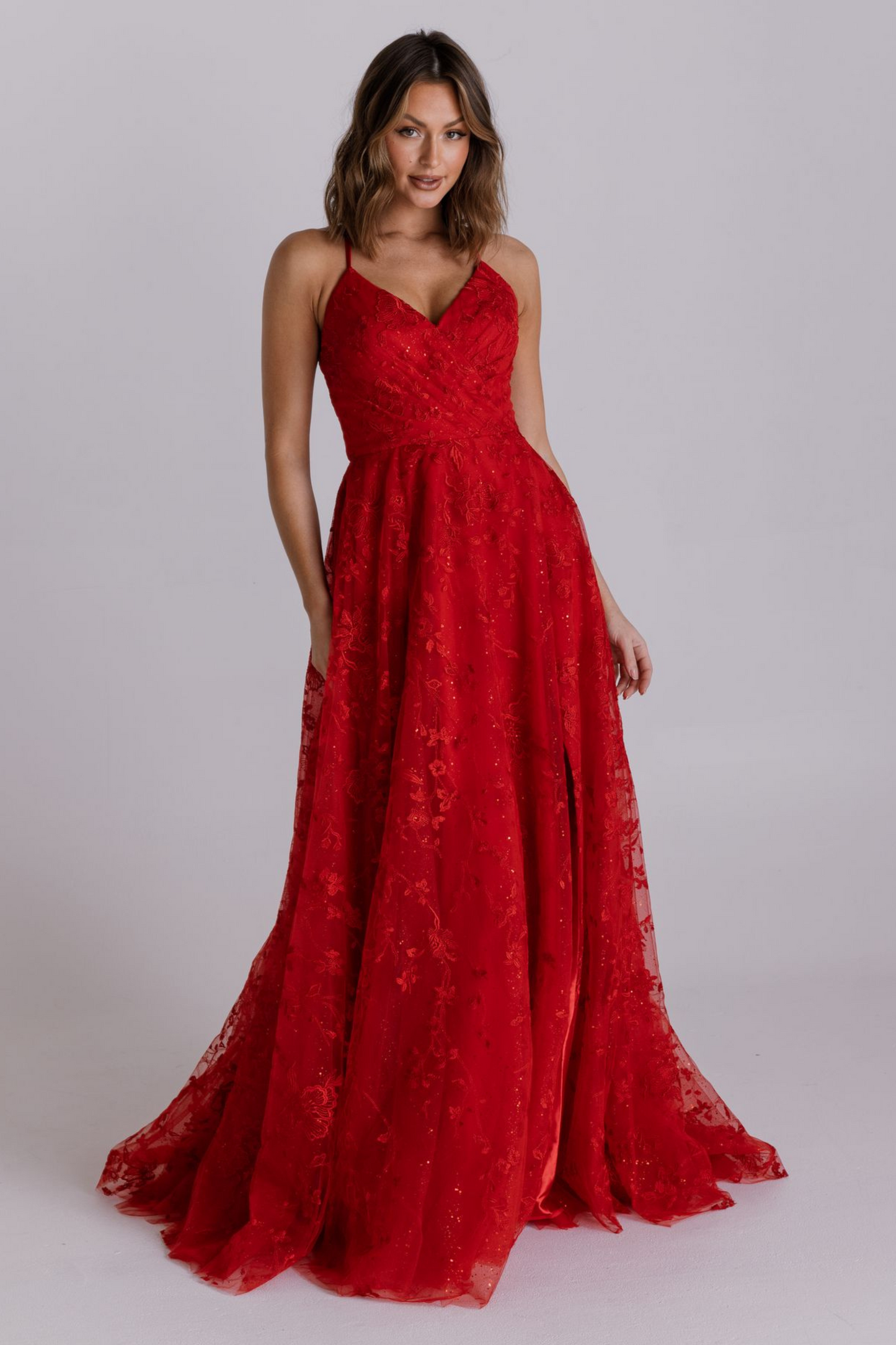 Tania Olsen A-line lace and glitter tulle formal dress in scarlet red