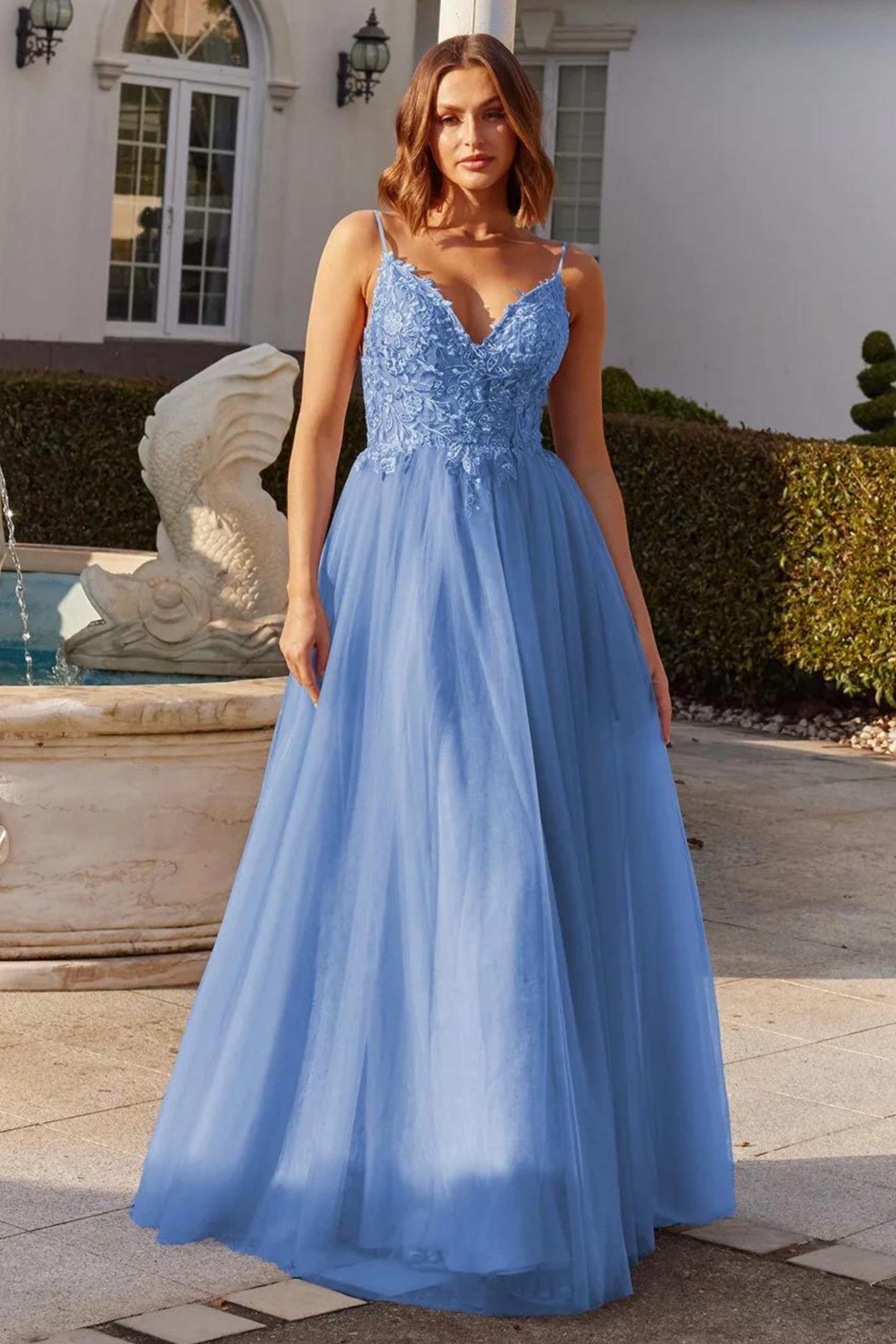 Tania Olsen A-line formal dress in Blue with embroidered bodice and tulle skirt 