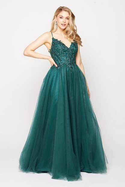 Tania Olsen A-line formal dress in emerald with embroidered bodice and tulle skirt 