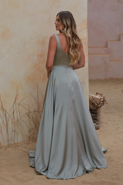 Tania Olsen Moana bridesmaid dress with square neckline and wrap skirt in sage green satin