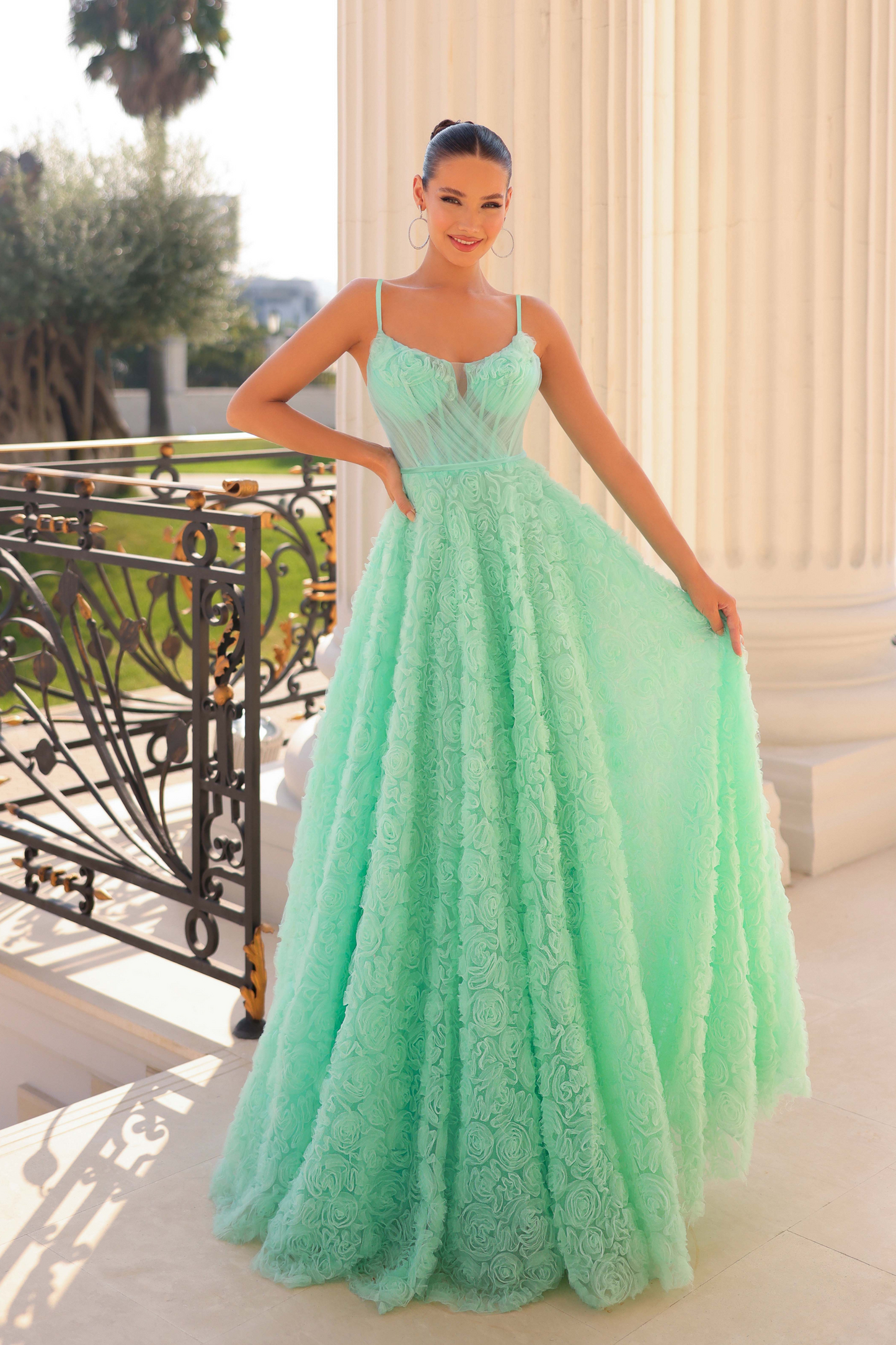 Tina Holly textured A line dress with corseted bodice and rosette details in mint green tulle
