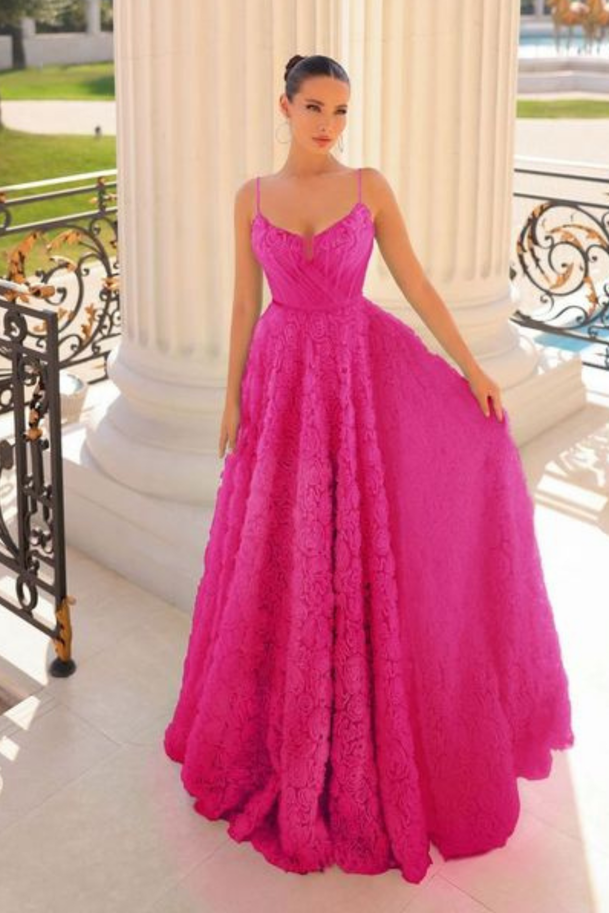 Tina Holly textured A line dress with corseted bodice and rosette details in neon hot pink tulle