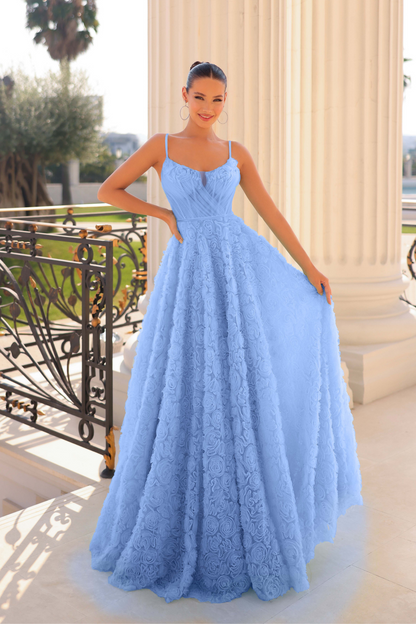 Tina Holly textured A line dress with corseted bodice and rosette details in periwinkle blue tulle