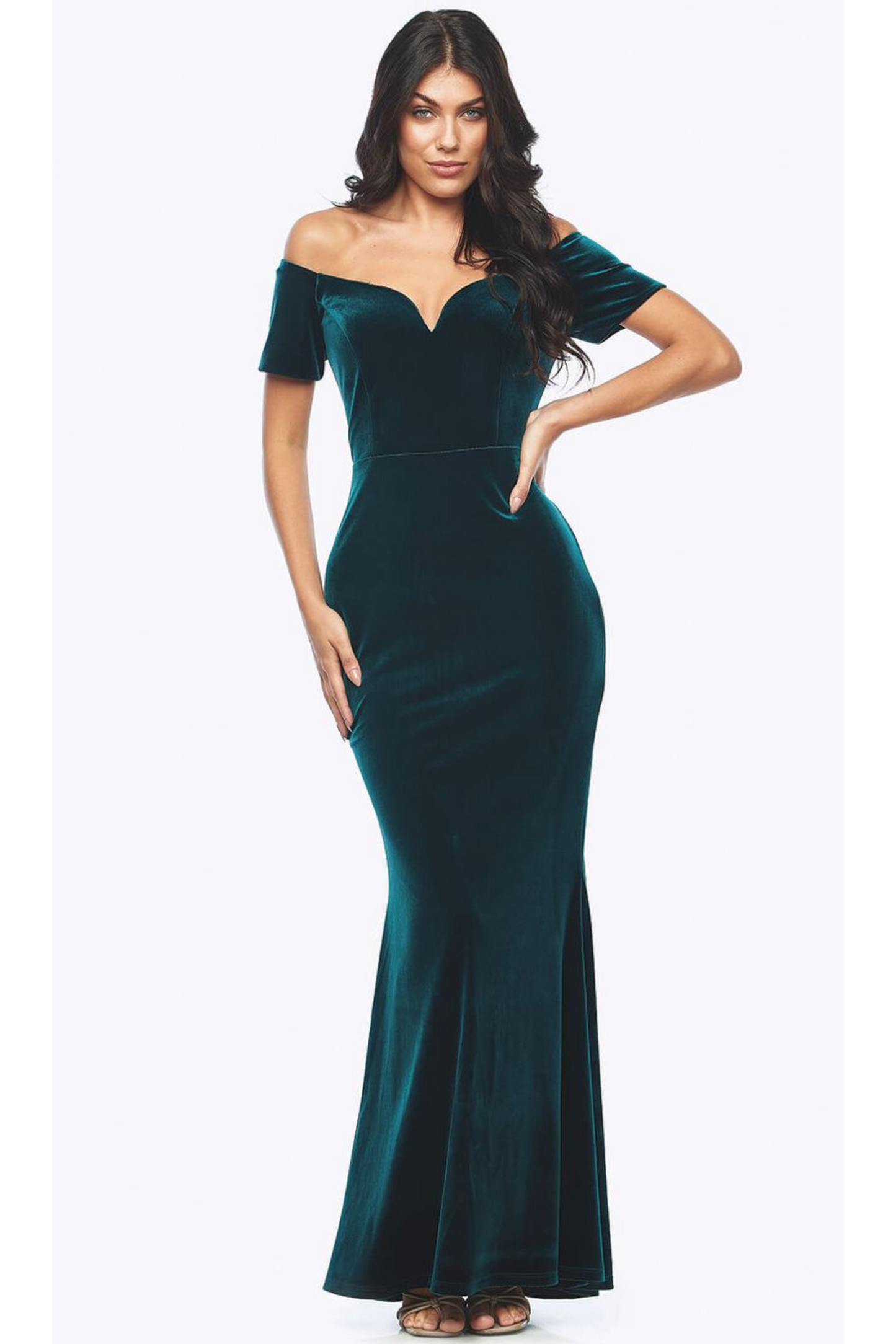Zaliea slim fit velour dress with short sleeves and sweetheart neckline in emerald green