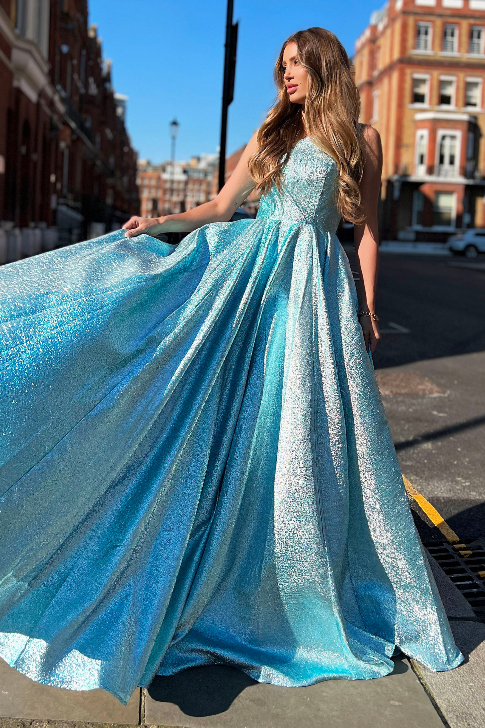 Jadore Nicoletta JX6005 Formal dress in Blue Metallic Lame Fabric 