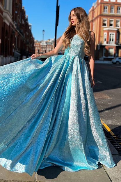 Jadore Nicoletta JX6005 Formal dress in Blue Metallic Lame Fabric 