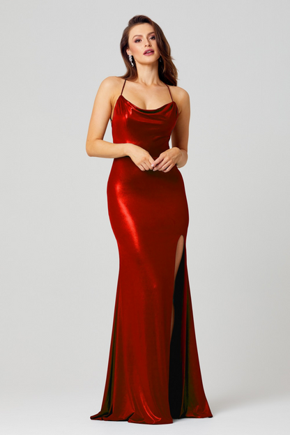 Tania Olsen slim fit formal dress in red shiny liquid jersey 